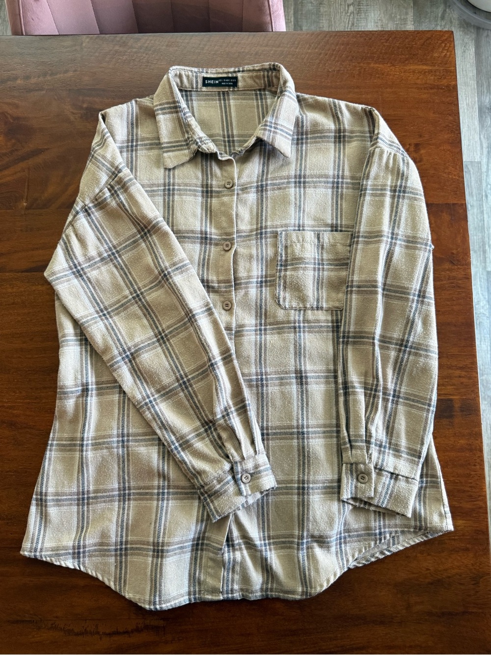 SHEIN Beige Plaid Button Front Flannel Shirt Size Large